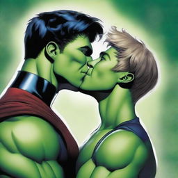 A realistic and detailed illustration of Hulkling and Wiccan from Marvel Comics sharing a romantic kiss