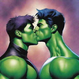 A realistic and detailed illustration of Hulkling and Wiccan from Marvel Comics sharing a romantic kiss