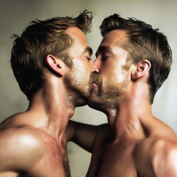 A photo-realistic image of a shirtless Ryan Gosling passionately kissing a shirtless Hugh Jackman