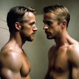 A photo-realistic image of a shirtless Ryan Gosling with a longing expression, looking towards Hugh Jackman