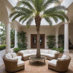 An inviting first floor seating area with a grand palm tree growing magnificently from the center.