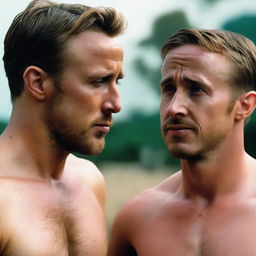 A photo-realistic image of a shirtless Ryan Gosling with a longing expression, looking towards a young Tom Hanks