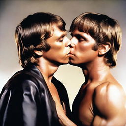 A photo-realistic image of Luke Skywalker passionately kissing a shirtless Han Solo