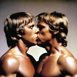 A photo-realistic image of Luke Skywalker passionately kissing a shirtless Han Solo