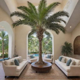 An inviting first floor seating area with a grand palm tree growing magnificently from the center.