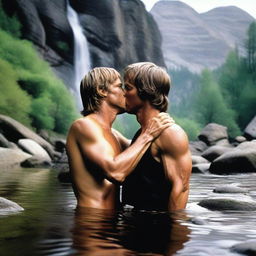 A photo-realistic image of Luke Skywalker passionately kissing a shirtless Han Solo near a mountain stream