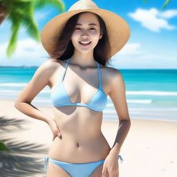 A realistic photo of an Asian woman wearing a bikini outfit