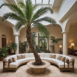 An inviting first floor seating area with a grand palm tree growing magnificently from the center.