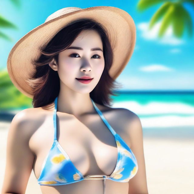 A realistic photo of an Asian woman wearing a bikini outfit