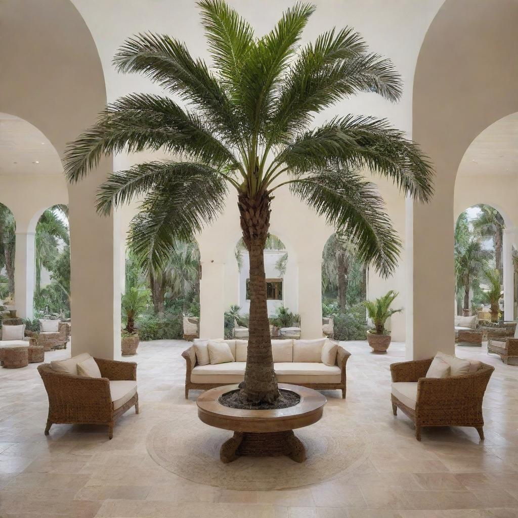 An inviting first floor seating area with a grand palm tree growing magnificently from the center.