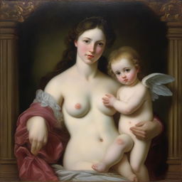 An oil painting of a Venus and a Cupid in the style of Velazquez