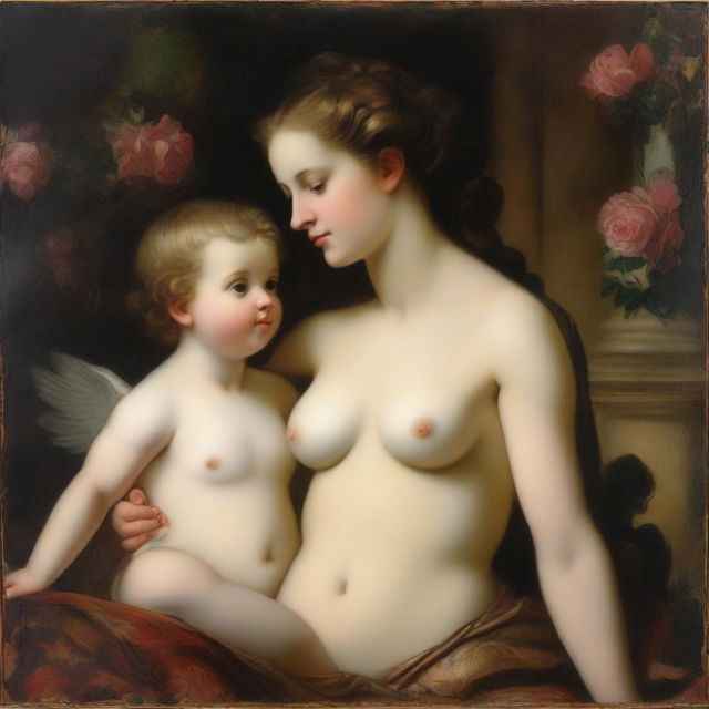 An oil painting of a Venus and a Cupid in the style of Velazquez