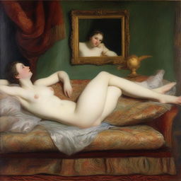 An oil painting of Venus lying on her back on a sofa, looking at herself in a mirror held by a Cupid