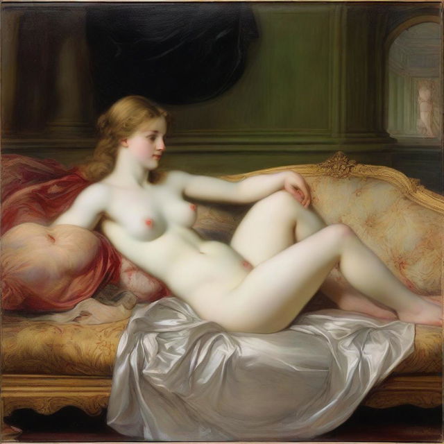 An oil painting of Venus lying on her back on a sofa, looking at herself in a mirror held by a Cupid