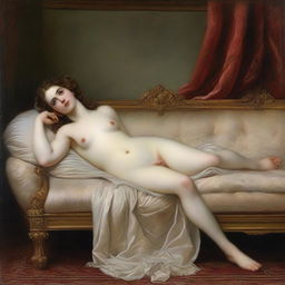 An oil painting of Venus lying on her back on a sofa, looking at herself in a mirror held by a Cupid