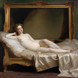 An oil painting of Venus lying on her back on a sofa, looking at herself in a mirror held by a Cupid