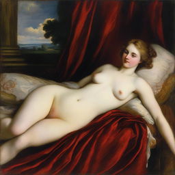 A classic oil painting of Venus lying on her back on a divan, in the style of Titian