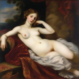 A classic oil painting of Venus lying on her back on a divan, in the style of Titian