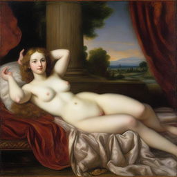 A classic oil painting of Venus lying on her back on a divan, in the style of Titian