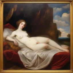 A classic oil painting of Venus lying on her back on a divan, in the style of Titian