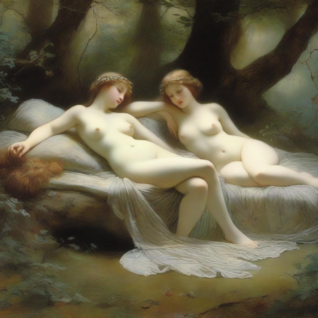 Two nymphs lying on a divan in a serene and enchanting forest setting