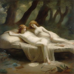 Two nymphs lying on a divan in a serene and enchanting forest setting