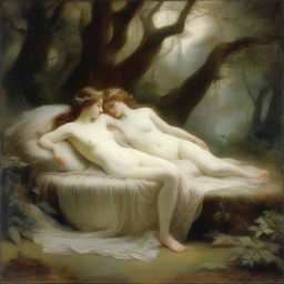 Two nymphs lying on a divan in a serene and enchanting forest setting