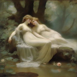 Two nymphs lying on a divan in a serene and enchanting forest setting