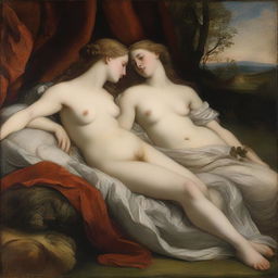 Two nymphs lying on a divan in the style of Titian, with a realistic and classical approach