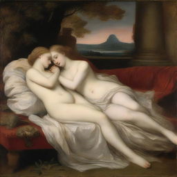 Two nymphs lying on a divan in the style of Titian, with a realistic and classical approach