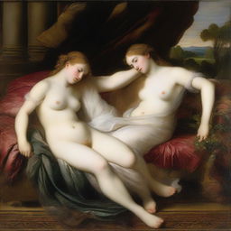 Two nymphs lying on a divan in the style of Titian, with a realistic and classical approach