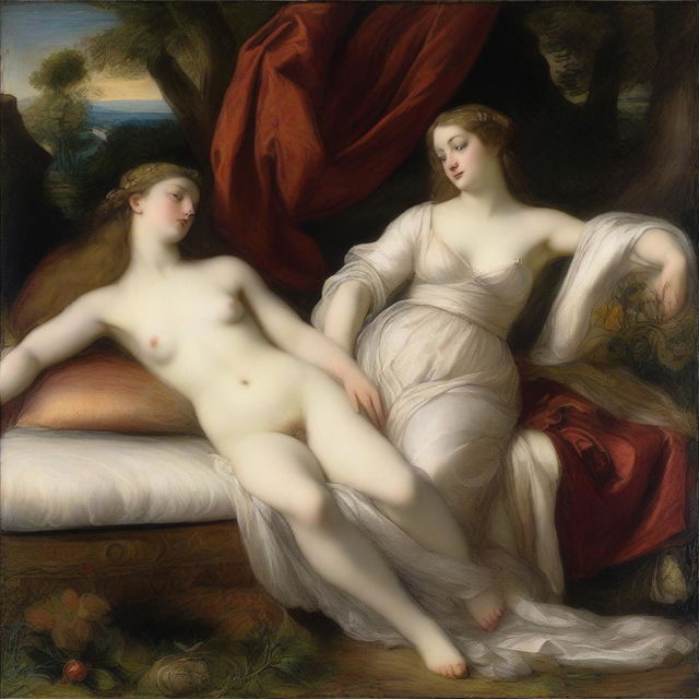 Two nymphs lying on a divan in the style of Titian, with a realistic and classical approach