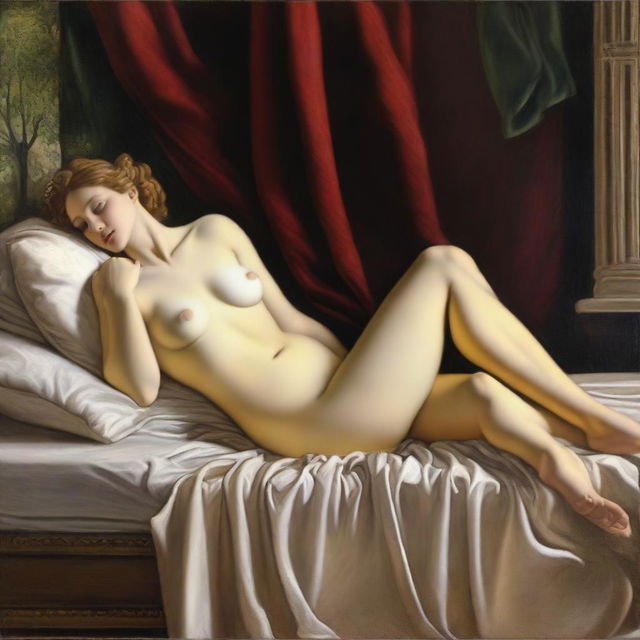 Create an image inspired by the famous painting 'Venus of Urbino' by Tiziano