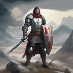 A detailed illustration of a Variant Human fighter, clad in medieval armor with a sword and shield, standing in a heroic pose on a battlefield