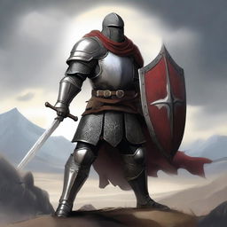 A detailed illustration of a Variant Human fighter, clad in medieval armor with a sword and shield, standing in a heroic pose on a battlefield