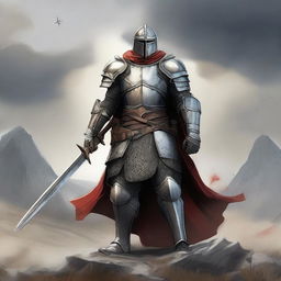 A detailed illustration of a Variant Human fighter, clad in medieval armor with a sword and shield, standing in a heroic pose on a battlefield