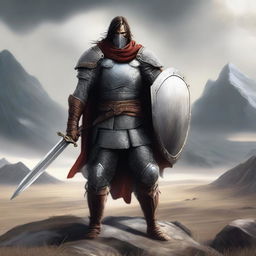 A detailed illustration of a Variant Human fighter wearing chainmail armor, holding a sword and shield