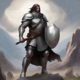 A detailed illustration of a Variant Human fighter wearing chainmail armor, holding a sword and shield