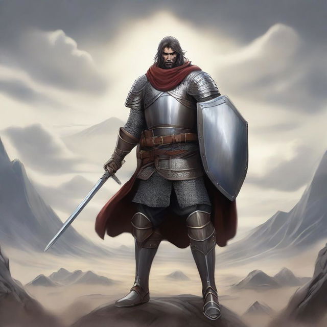 A detailed illustration of a Variant Human fighter wearing chainmail armor, holding a sword and shield