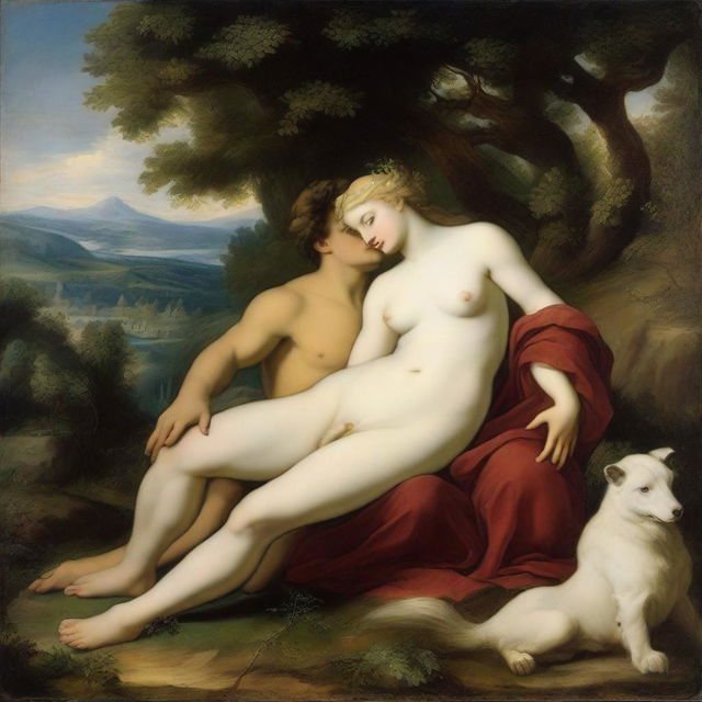 A detailed and vibrant depiction of the famous painting 'Venus and Adonis' by Tiziano