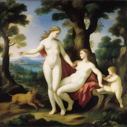 A detailed and vibrant depiction of the famous painting 'Venus and Adonis' by Tiziano