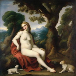 A detailed and vibrant depiction of the famous painting 'Venus and Adonis' by Tiziano