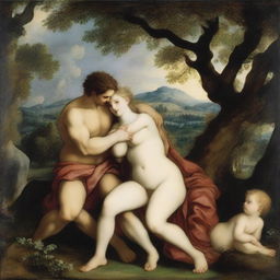 A detailed and vibrant depiction of the famous painting 'Venus and Adonis' by Tiziano