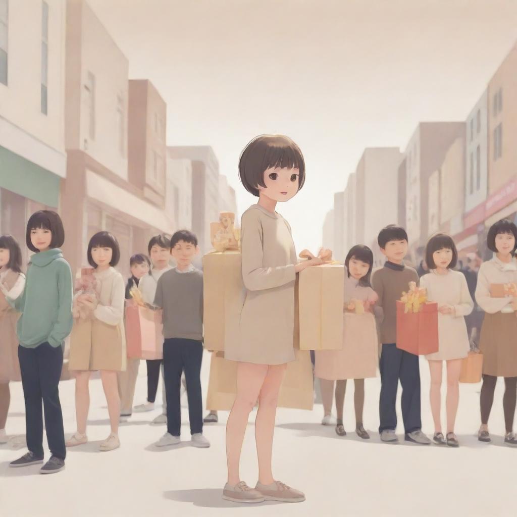 Kawaii style 2D illustration of a short-haired girl with a color scheme of nude and beige, appearing fatigued as she hands out gifts to a long queue of eager people against a bustling background.