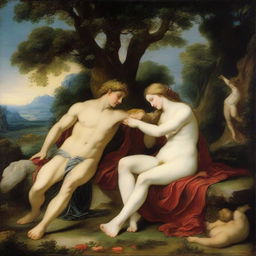 A detailed and vibrant depiction of the famous painting 'Venus and Adonis' by Tiziano