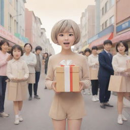 Kawaii style 2D illustration of a short-haired girl with a color scheme of nude and beige, appearing fatigued as she hands out gifts to a long queue of eager people against a bustling background.