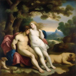 A detailed and vibrant depiction of the famous painting 'Venus and Adonis' by Tiziano