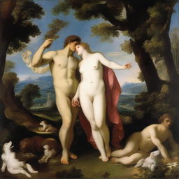 A detailed and vibrant depiction of the famous painting 'Venus and Adonis' by Tiziano