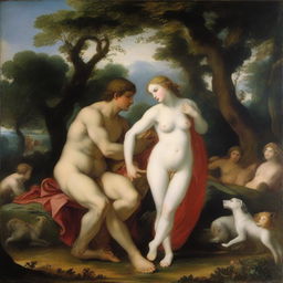 A detailed and vibrant depiction of the famous painting 'Venus and Adonis' by Tiziano