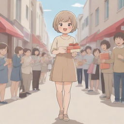 Kawaii style 2D illustration of a short-haired girl with a color scheme of nude and beige, appearing fatigued as she hands out gifts to a long queue of eager people against a bustling background.